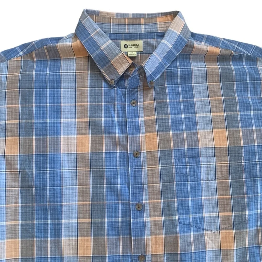 Haggar Blue Orange Plaid Short Sleeve Button‎ Down Shirt with Pocket Size XXL